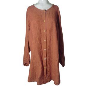 FLAX 100% Linen Tunic Shirt Dress S Button Front Rust Minimalist Boho Beach